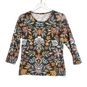 J McLaughlin Resort L Catalina Cloth Top Brown Floral 3/4 Travel Coastal Preppy